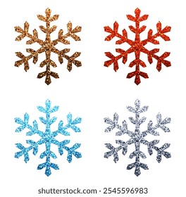 Set of four glittery snowflake designs in gold, red, blue, and silver, perfect for holiday and winter-themed decorations on a white background.