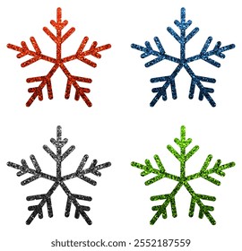 Set of four glittery snowflakes in red, blue, silver, and green colors on a white background, ideal for holiday decorations and winter-themed designs.