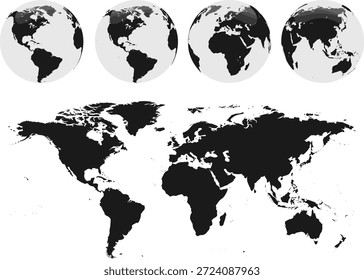 Set von vier Globus-Ansichten und Weltkarte Silhouette für globale