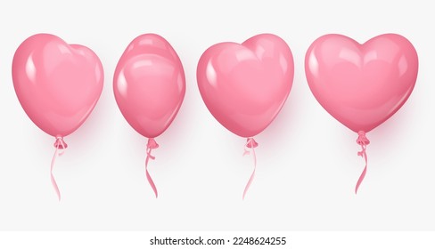 Set of four glossy 3d pink realistic heart ballons, from different sides and pink, white ribbons. Vector illustration for card, party, design, flyer, poster, decor, banner, web, advertising. 