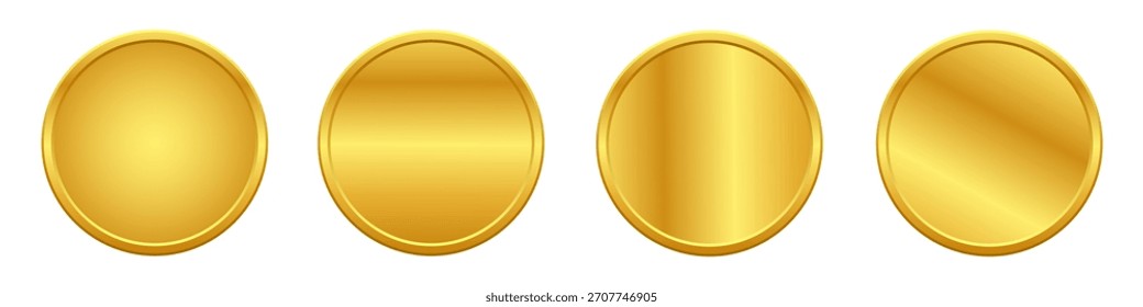 Set of four glossy, blank gold metallic coins, medals with various reflective highlights