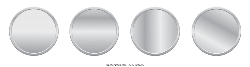 Conjunto de cuatro iconos de vector de monedas metálicas de plata en blanco brillante