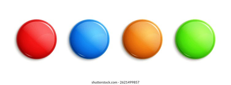 Conjunto de quatro botões redondos coloridos brilhantes em vermelho, azul, laranja e verde no plano de fundo branco para elementos de interface ou design.