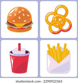 Conjunto de cuatro iconos lustrosos. Productos de restauración para el diseño de la carta. Gráficos vectoriales. Ilustraciones multicolores minimalistas planas con hamburguesa, anillos de cebolla, bebida carbonatada, patatas fritas. 