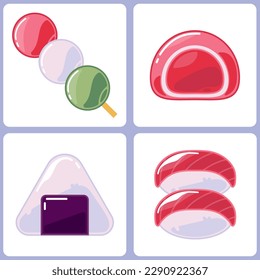 Conjunto de cuatro iconos lustrosos. Productos de restauración para el diseño de la carta. Gráficos vectoriales. Ilustraciones multicolores minimalistas planas con dango, moti, onigiri, sushi. 