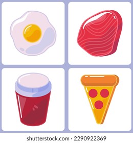 Conjunto de cuatro iconos lustrosos. Productos alimenticios para el diseño de la interfaz de tiendas online. Gráficos vectoriales. Ilustraciones multicolores minimalistas planas con huevos, filetes de pescado, café, pizza.