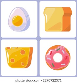 Conjunto de cuatro iconos lustrosos. Productos alimenticios para el diseño de la interfaz de tiendas online. Gráficos vectoriales. Ilustraciones multicolores minimalistas planas con huevo, pan, queso, donut.