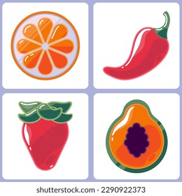 Conjunto de cuatro iconos lustrosos. Productos alimenticios para el diseño de la interfaz de tiendas online. Gráficos vectoriales. Ilustraciones multicolores minimalistas planas con naranja, chili, fresa, papaya. 