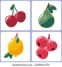 Conjunto de cuatro iconos lustrosos. Productos alimenticios para el diseño de la interfaz de tiendas online. Gráficos vectoriales. Ilustraciones multicolores minimalistas planas con cereza, pera, limón, bayas. 