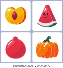 Conjunto de cuatro iconos lustrosos. Productos alimenticios para el diseño de la interfaz de tiendas online. Gráficos vectoriales. Ilustraciones multicolores minimalistas planas con melocotón, sandía, granada, calabaza. 