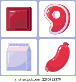 Conjunto de cuatro iconos lustrosos. Productos alimenticios para el diseño de la interfaz de tiendas online. Gráficos vectoriales. Coloridas ilustraciones minimalistas planas con chocolate, carne, leche, salchicha. 