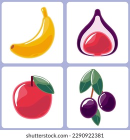 Conjunto de cuatro iconos lustrosos. Productos alimenticios para el diseño de la interfaz de tiendas online. Gráficos vectoriales. Ilustraciones minimalistas planas multicolores con plátano, higo, manzana, aceitunas. 