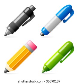 Set of four glossy pen and pencil icons