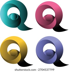 Un conjunto de cuatro diseños brillantes de letras “Q” tridimensionales dispuestos en una cuadrícula de 2x2.
