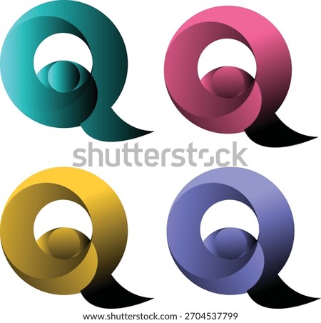 A set of four glossy, three-dimensional letter “Q” designs arranged in a 2x2 grid.