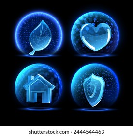 Set of four glowing digital sphere shields featuring eco, love, home, and security themes. Vector illustration for futuristic protection concepts.