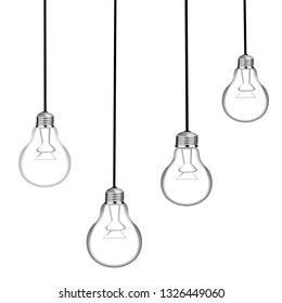 Set of four glowing hanging light bulbs. Trendy flat light bulb icons on white background.