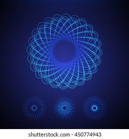 Set of four glowing science and technology elements on blue background 3
