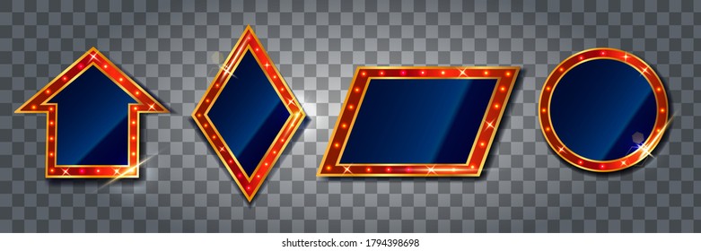 Satz von vier leuchtenden Zeichen mit Glühbirnen. Vektorgrafik-Zeichensatz mit glänzendem Effekt auf dunklem Hintergrund. Konzept für Zirkus, Film usw. Vektorgrafik