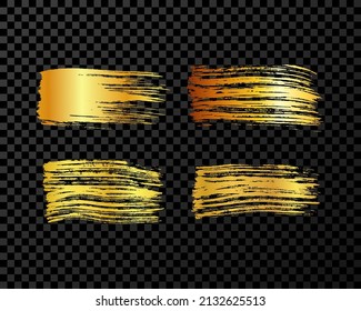 Set of four gold brush strokes. Hand drawn ink spots isolated on dark transparent background. Vector illustration