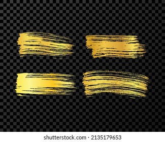 Satz von vier goldenen Pinselstrichen. Handgezeichnete Tintenflecken einzeln auf dunkeltransparentem Hintergrund. Vektorgrafik
