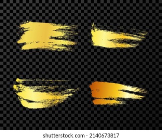 Set of four gold brush strokes. Hand drawn ink spots isolated on dark transparent background. Vector illustration
