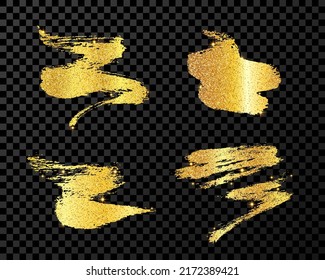 Set of four gold brush strokes. Hand drawn ink spots isolated on dark transparent background. Vector illustration