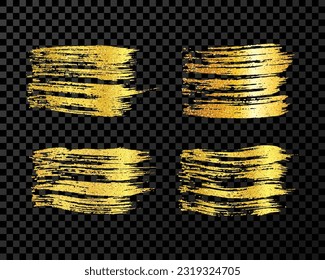 Set of four gold brush strokes. Hand drawn ink spots isolated on dark transparent background. Vector illustration