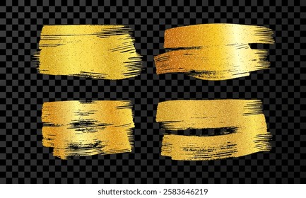 Set of four gold brush strokes. Hand drawn ink spots isolated on dark transparent background. Vector illustration