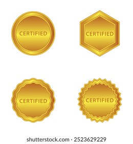 Set of four gold certified badges in different shapes, including round, hexagonal, and scalloped edges. Ideal for certificates, approvals, awards, and premium quality design elements.