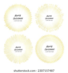 Set of four gold fireworks with Merry Christmas and Happy New Year inscription. Explosion with  line rays Christmas card isolated on white background. Vector illustration