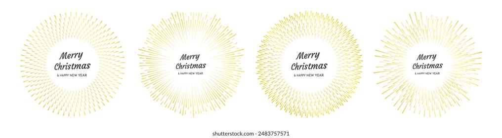 Set of four gold fireworks with Merry Christmas and Happy New Year inscription. Explosion with  line rays Christmas card isolated on white background. Vector illustration