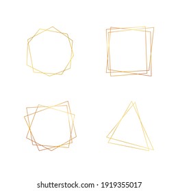 Set of four gold geometric polygonal frames with shining effects isolated on white background. Empty glowing art deco backdrop. Vector illustration.