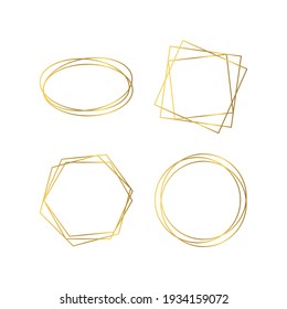 Set of four gold geometric polygonal frames with shining effects isolated on white background. Empty glowing art deco backdrop. Vector illustration.