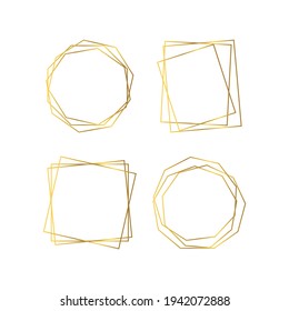 Conjunto de cuatro marcos geométricos poligonales dorados con efectos brillantes aislados en el fondo blanco. Fondo de arte deco brillante vacío. Ilustración vectorial.