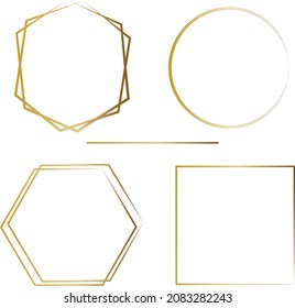 Conjunto de cuatro marcos geométricos poligonales dorados con efectos brillantes aislados en el fondo blanco. Fondo de arte deco brillante vacío. Conjunto de líneas delgadas para la decoración de invitaciones.Ilustración moderna