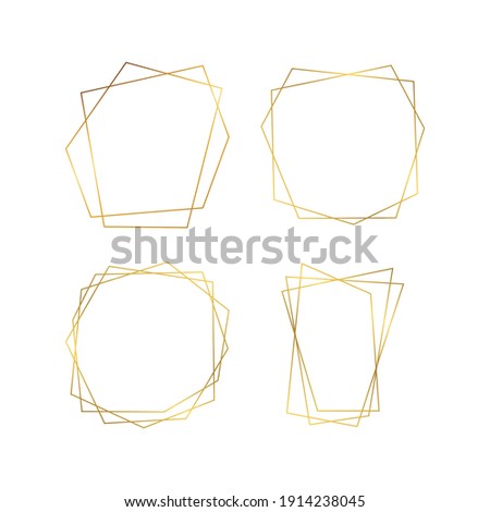 Set of four gold geometric polygonal frames with shining effects isolated on white background. Empty glowing art deco backdrop. Vector illustration.