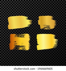 Set of four gold grunge brush strokes. Painted ink smear. Ink spot isolated on dark transparent background. Vector illustration