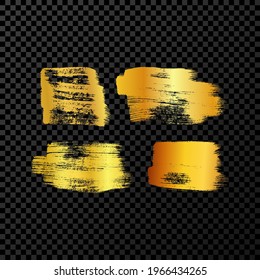 Set of four gold grunge brush strokes. Painted ink smear. Ink spot isolated on dark transparent background. Vector illustration