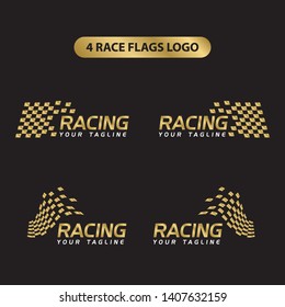 Set of four gold race flags logo template vector, Simple design race flag icon suitable for motor, car, rally sport isolated on black background. Vector Illustration