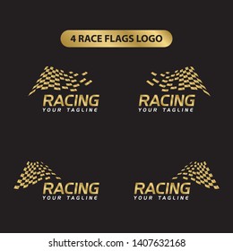 Set of four gold race flags logo template vector, Simple design race flag icon suitable for motor, car, rally sport isolated on black background. Vector Illustration