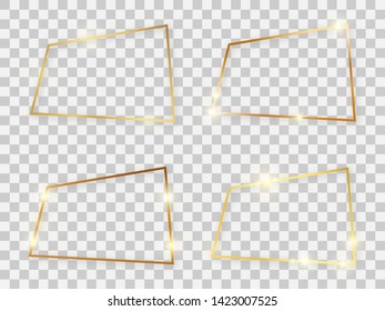 Set of four gold shiny rectangular frames with glowing effects and shadows on transparent background. Vector illustration