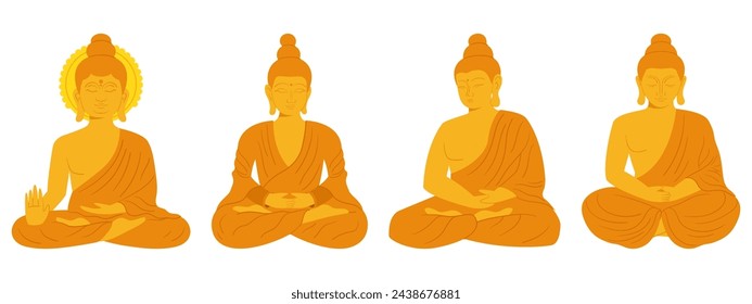 Set of four golden Buddha statue. Sitting monk sculpture collection in flat vector style