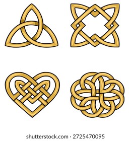 Conjunto de cuatro Ilustraciones vectoriales de nudo celta de oro sobre fondo blanco