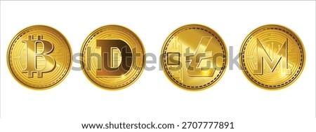 Set of Four Golden Cryptocurrency Coins Bitcoin, Dogecoin, Litecoin, and Monero, Digital Currency and Blockchain Technology Vector Illustration
