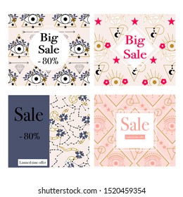 Set of four golden eye banners. Vector elements, perfect to use for your promotions