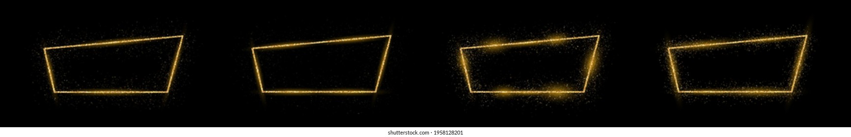 Set of four golden frame with glitter, sparkles and flares on dark background. Empty luxury backdrop. Vector illustration.