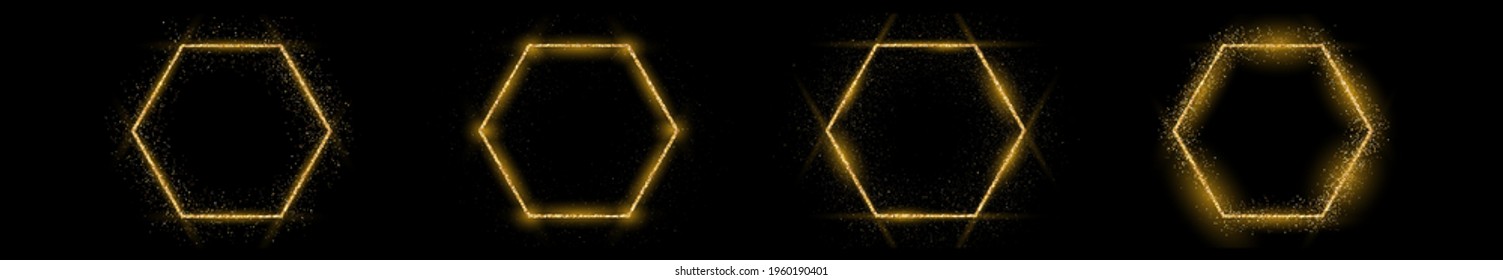 Set of four golden hexagon frame with glitter, sparkles and flares on dark background. Empty luxury backdrop. Vector illustration.