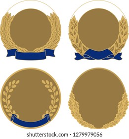 set of four golden medals with wreaths and ribbons