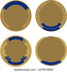 set of four golden medals with wreaths and ribbons